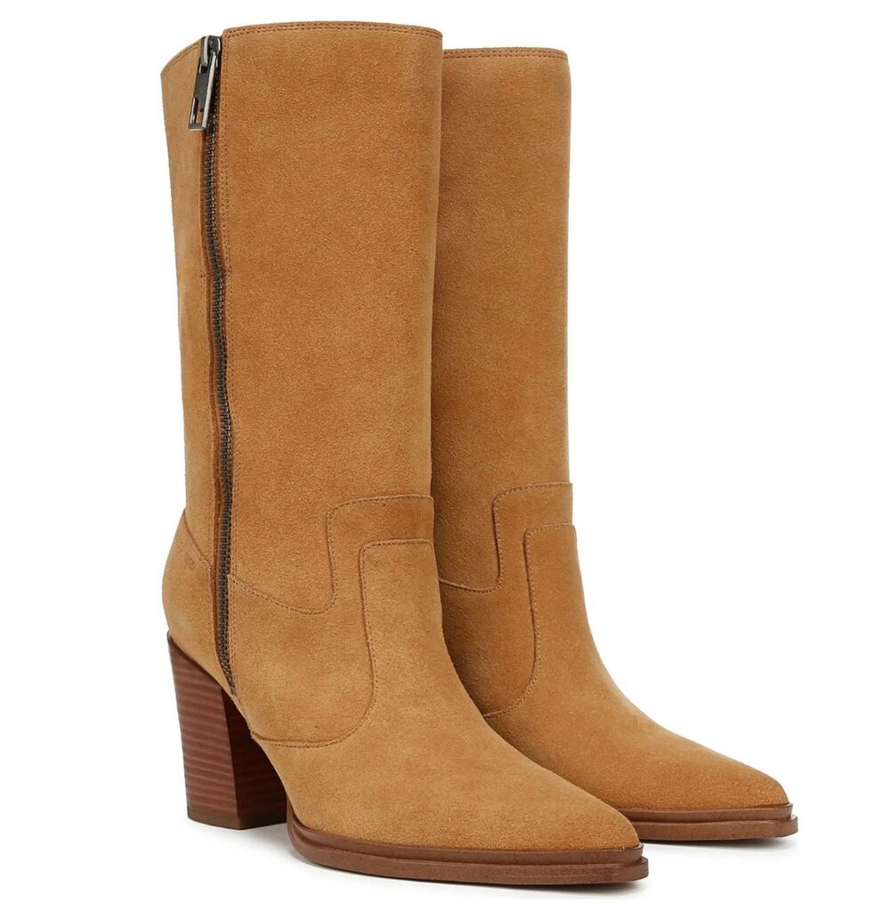Franco Sarto Jaxon Mid-Shaft Boot Size 8.5 Camel/Brown Suede Block High Heel New